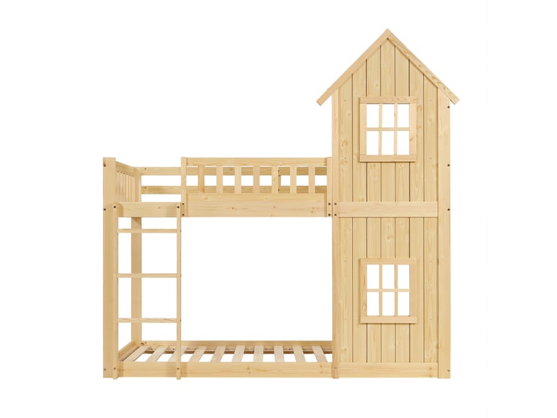  Lit superposé, lit enfant, 2 fenêtres élégantes, formes harmonieuses, escalier à trois marches, rambarde sur tout le pourtour, pin et mdf, aspect naturel, 90 x 200 cm  - Conforama D
