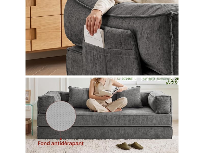Canapé-lit convertible 3 places, sofa de sol modulaire, coussins amovibles,207x106x68cm,gris foncé - Conforama W