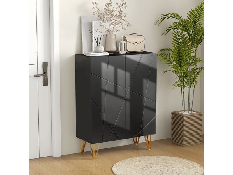  Meuble à chaussures meuble de rangement à chaussures 2 portes étagères réglables 72 x 31,5 x 95 cm noir laqué  - Conforama B