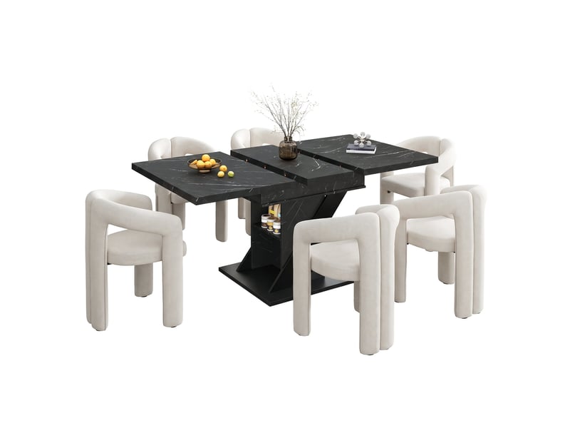 Ensemble table + 6 chaises salle à manger, table extensible effet marbre noir 110-140x80 cm, chaises chenille avec accoudoirs, moderne minimaliste  - Conforama A
