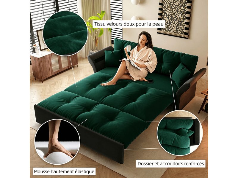  Canapé-lit 3 en 1 190 cm en velours vert avec lit gigogne et 2 coussins pour salon IKSETERA TRADING LTD - Conforama D