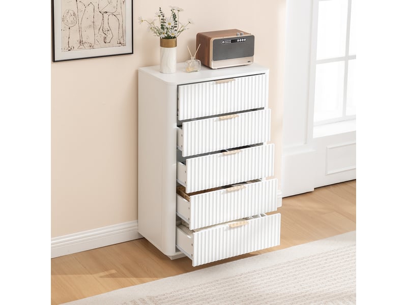  Commode 5 tiroirs à fermeture douce avec poignées métalliques et fixation murale en mdf blanc  - Conforama C