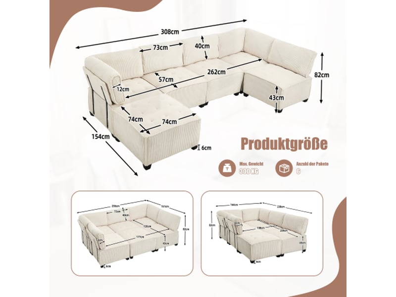  Canapé d'angle convertible, canapé 6 places, repose-pieds, en velours côtelé, beige  - Conforama C