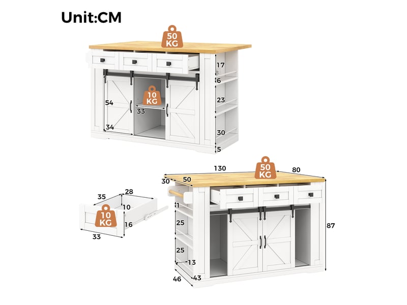 Îlot de cuisine 130x5080x87cm avec 3 tiroirs, porte coulissantes et prises usb, rangement, mdf, blanc et bois - Conforama C