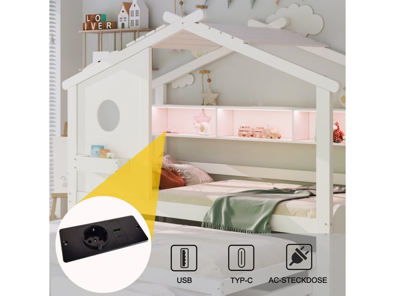 Lit cabane, lit 2 places avec 2 tiroirs, usb, type-c, led et rangement 90×200 cm et 90×190 cm, sans matelas - Conforama E