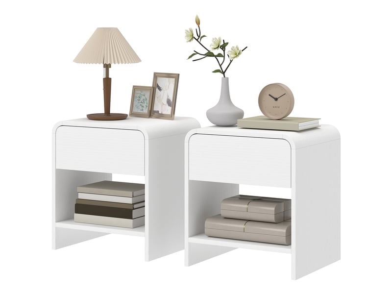  Ensemble de 2 tables de chevet nordiques aux angles arrondis, avec tiroir et étagère ouverte, 40 x 35 x 45 cm, blanches  - Conforama B