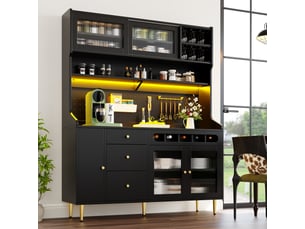 Meuble haut noir 145x39x171 cm - rangement salonsalle à manger, led, étagères réglables, tiroir range-bouteilles