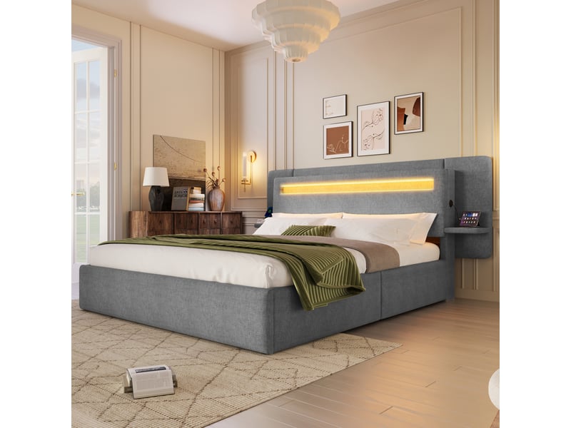  Lit coffre 2 places 140x200 cm avec espace de rangement hydraulique, led multicolore, mdf, coloris gris sans matelas  - Conforama B