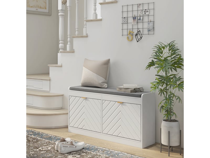  Banc à chaussures, banc de rangement, assise rembourrée, tiroir rabattable, porte avec motif 106 x 24 x 52,5 cm, blanc  - Conforama C