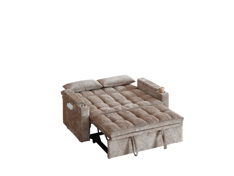  Canapé convertible 2 places 3-en-1 142 × 89 × 89 cm en chenille marron, rangements, poches latérales et porte-gobelets  - Conforama D