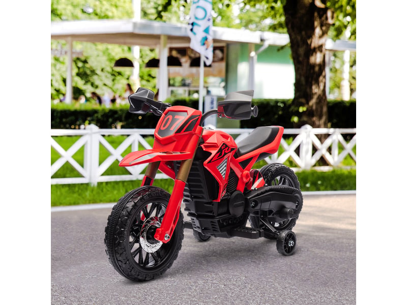 Moto électrique pour enfants, batterie 6v, stabilisateurs, klaxon, bruit de démarrage, 3-8 ans, rouge  - Conforama D