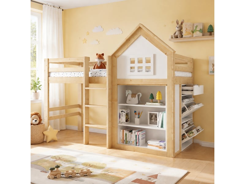 Lit mezzanine enfant simple 90×200 cm, 3 tiroirs et rangements - sans matelas bois blanc et naturel - Conforama B