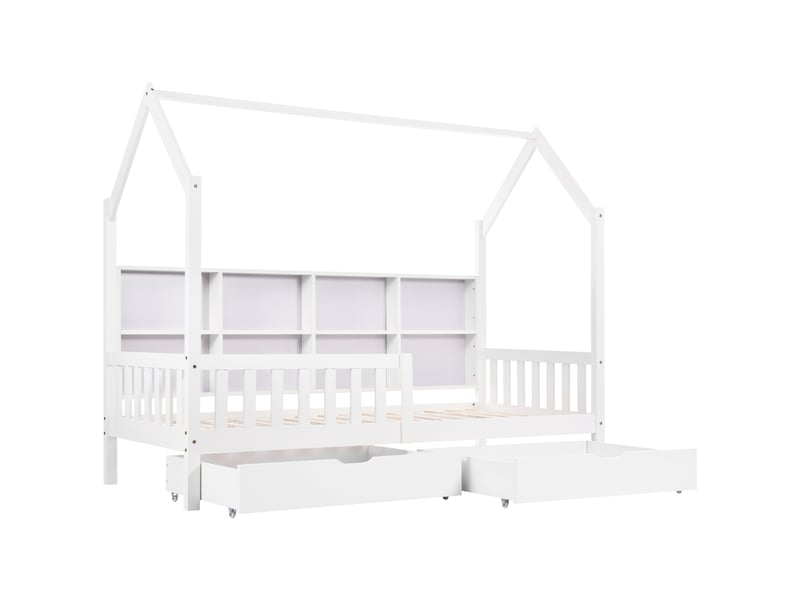  Lit cabane, lit enfant avec bibliothèque multifonctionnelle, grille de rangement, armoire, étagère et deux grands tiroirs avec espace de rangement et forme de cheminée, 90 x 200 cm, blanc  - Conforama E