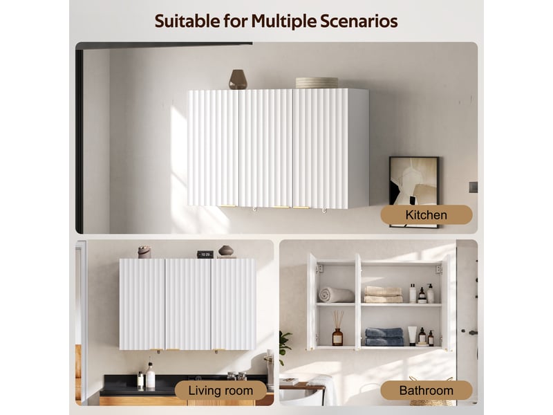 Armoire murale avec 3 portes à relief ondulé et poignées dorées pour cuisine ou salle de bain en mdf blanc 90 × 29 × 60 cm  - Conforama E