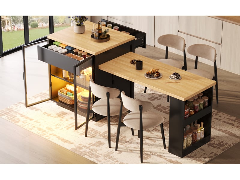  Îlot de cuisine extensible en table à manger 122 à 194,5 cm, led et usb, noir  - Conforama B
