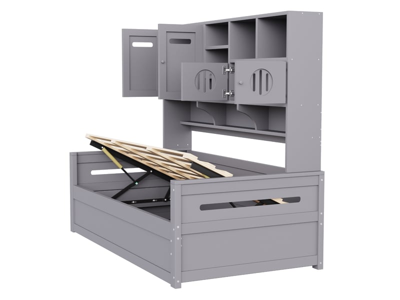  Lit avec coffre, 90x200 cm, système hydraulique, rangement sous le couchage, mobilier de chambre, bois, coloris gris  - Conforama E