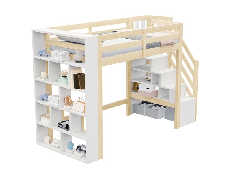  Lit mezzanine 90x200 cm avec rangements et led, coloris bois naturel et blanc, sans matelas  - Conforama A