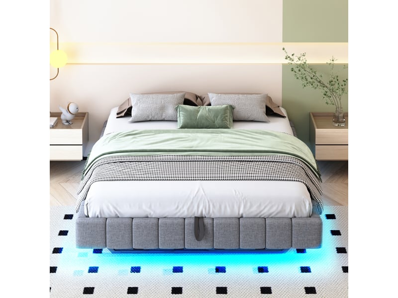  Lit capitonné 160x200 cm gris en lin, cadre suspendu, relevage hydraulique, led et sans tête de lit  - Conforama E