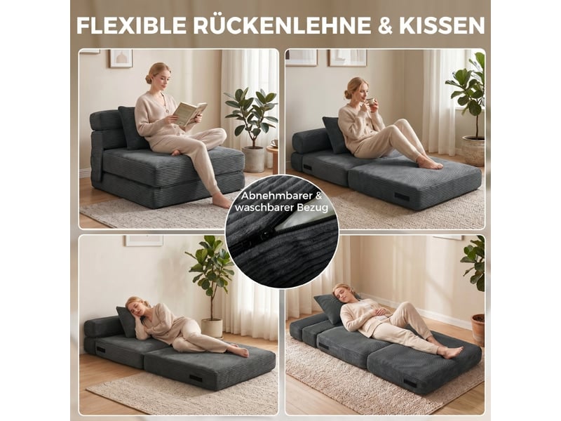 Fauteuil de sol convertible en lit une place, pliable en velours côtelé gris foncé, avec coussin lombaire pour salon - Conforama D