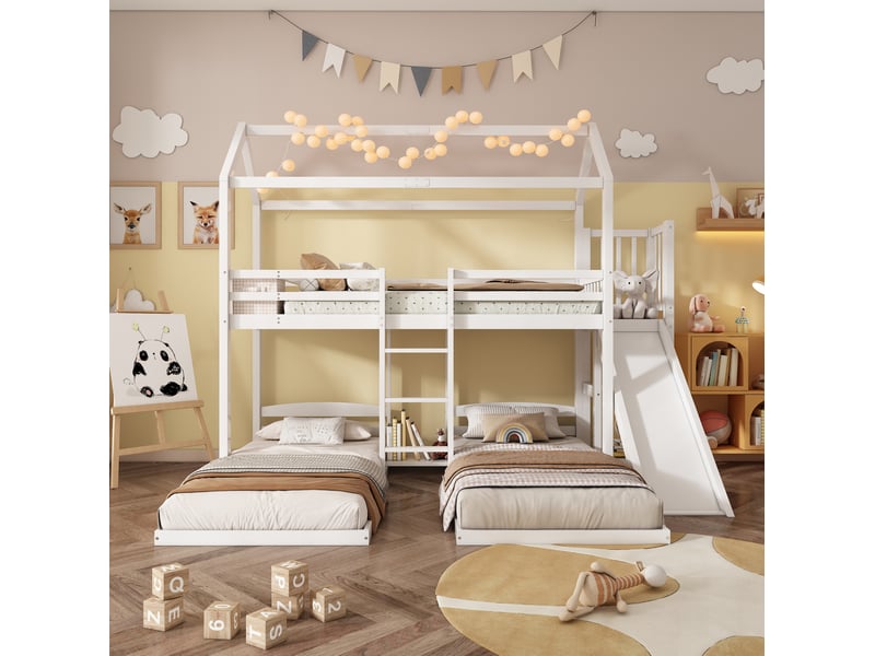  Lit superposé enfant blanc avec toboggan et 3 couchages 90 x 200 cm  - Conforama D