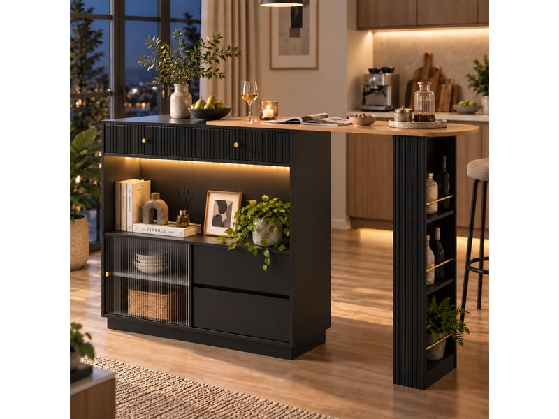  Îlot de cuisine 120x30x100 cm avec rangement, table bar pivotante 360° avec led, tiroirs, portes coulissantes et étagères - noir  - Conforama D