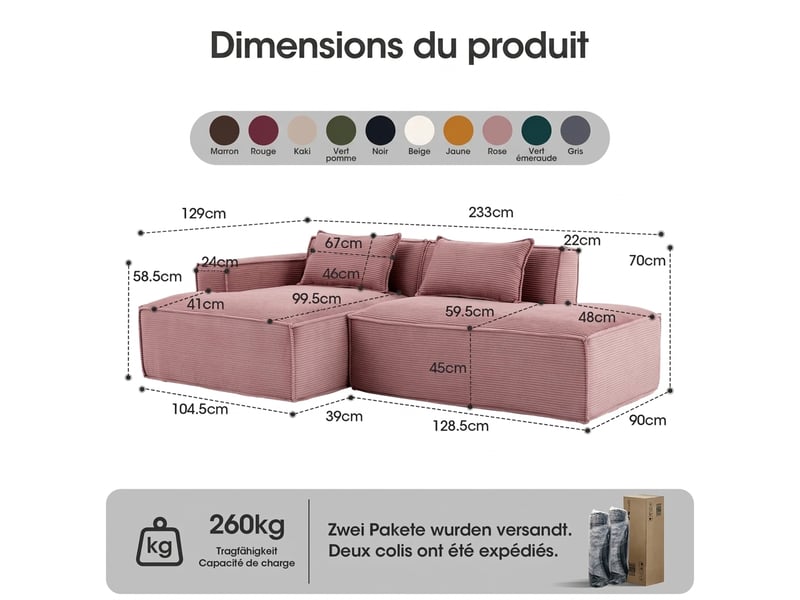  Canapé 2 places rose bébé en tissu polyester 235 cm - assise ressorts ensachés  - Conforama C