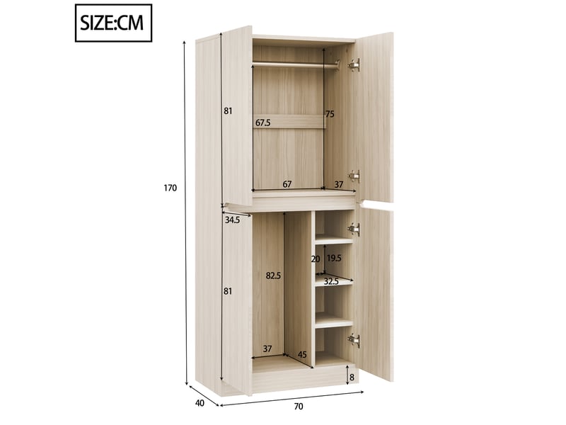  Armoire dressing 70 x 40 x 170 cm – bois clair – double porte, penderie et rangements fonctionnels  - Conforama C