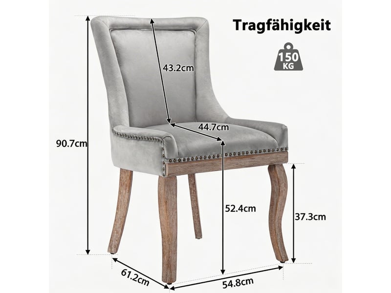 Chaise lot de 6 salle à manger velours gris capitonnée clous décoratifs pieds bois massif  - Conforama C
