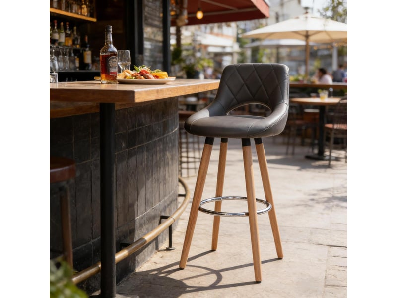 Tabouret de bar ergonomique 43x40x96cm - assise rembourrée en tissu effet cuir - pieds en bois massif avec repose-pieds - gris - Conforama D