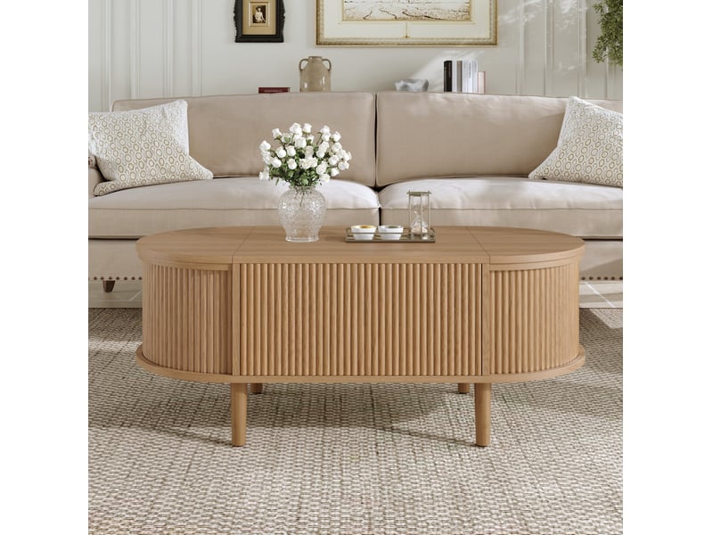  Table basse 100x48x53,5 cm, plateau escamotable, espace de rangement, style vintage, pour salon, en bois et mdf, chêne  - Conforama E