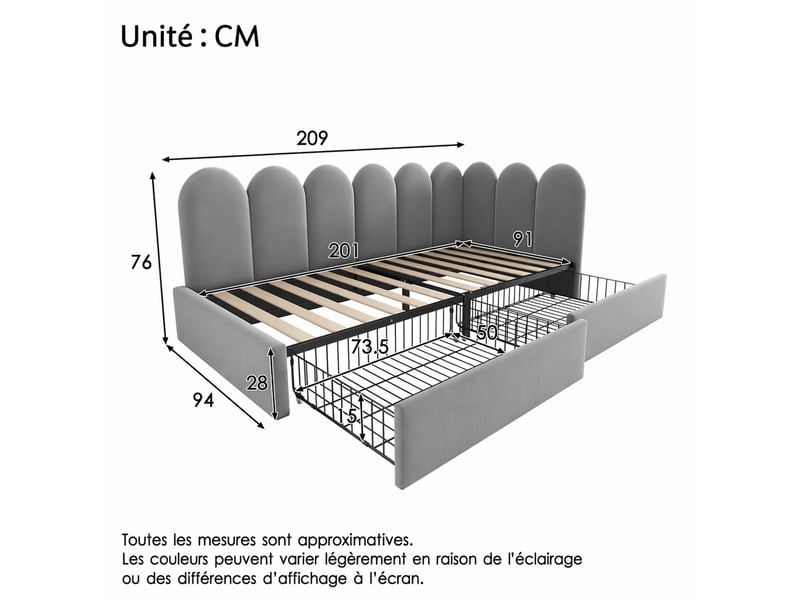  Méridienne lit banquette avec 2 tiroirs et sommier à lattes, dossier rembourré, côtés réversibles, velours gris  - Conforama D