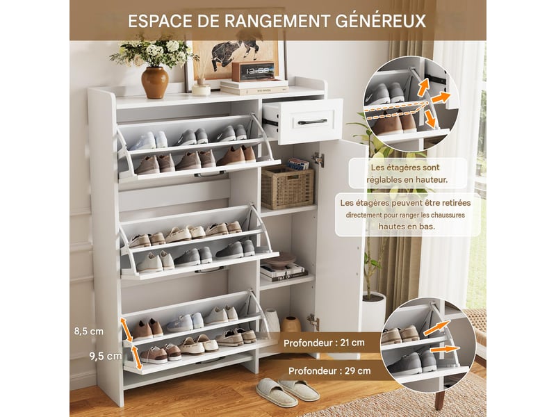  Meuble à chaussures 3 abattants 1 porte 1 tiroir mdf blanc 92x24x121 cm  - Conforama E