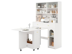 Buffet de cuisine haut avec table rabattable, table mobile sur roulettes, verre ondulé, grand rangement mdf pour cuisine - blanc