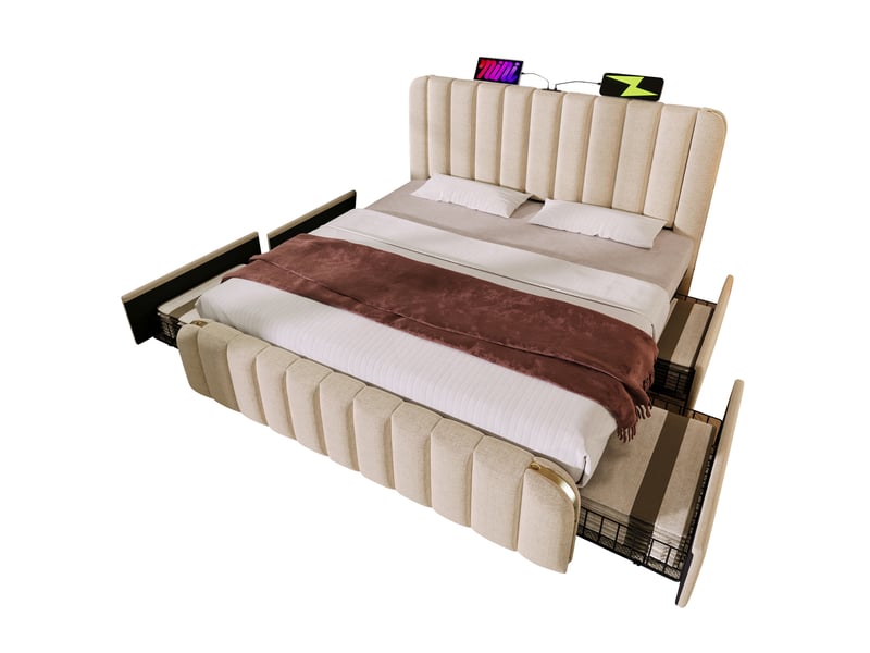  Lit double 160x200 cm avec matelas h3, 4 tiroirs, ports usb et usb-c, beige  - Conforama A