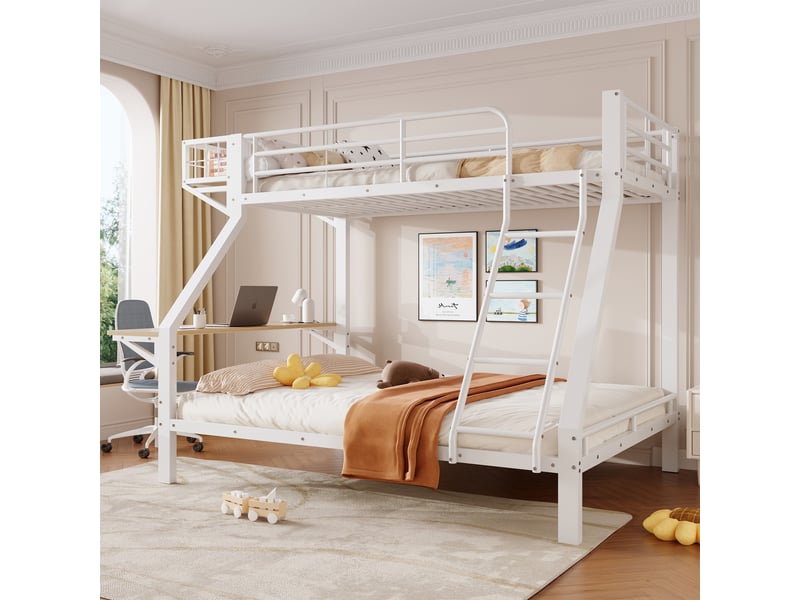  Lit superposé 90x200140x200cm avec bureau, rangement ouvert, garde-corps et échelle, couchages sans matelas, structure en métal blanc evarich - Conforama E