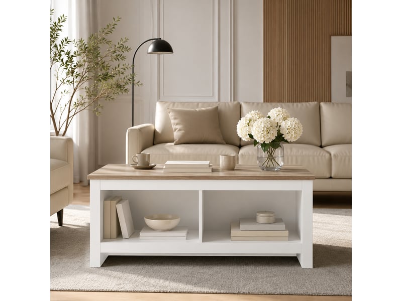  Table basse bicolore plateau effet bois clair naturel blanc 4 niches  - Conforama D