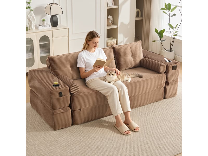 Canapé convertible, canapé-lit, en velours tricoté, porte-gobelets, 3 places, mobilier pour espace de vie, pour salon et séjour - Conforama A