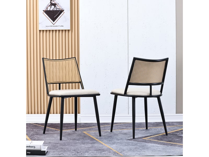  Lot de 2 chaises de salle à manger 46x48x80 cm en métal noir, assise en polyuréthane et dossier en rotin  - Conforama E