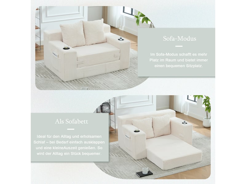  Canapé-lit,151x133x64 cm,2 places avec rangement,velours côtelé,beige  - Conforama D