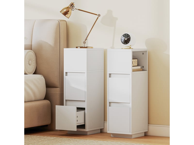  Ensemble de 2 tables de chevet modernes et peu encombrantes avec 2 tiroirs et un compartiment ouvert, 25 x 30 x 65 cm, blanches  - Conforama C