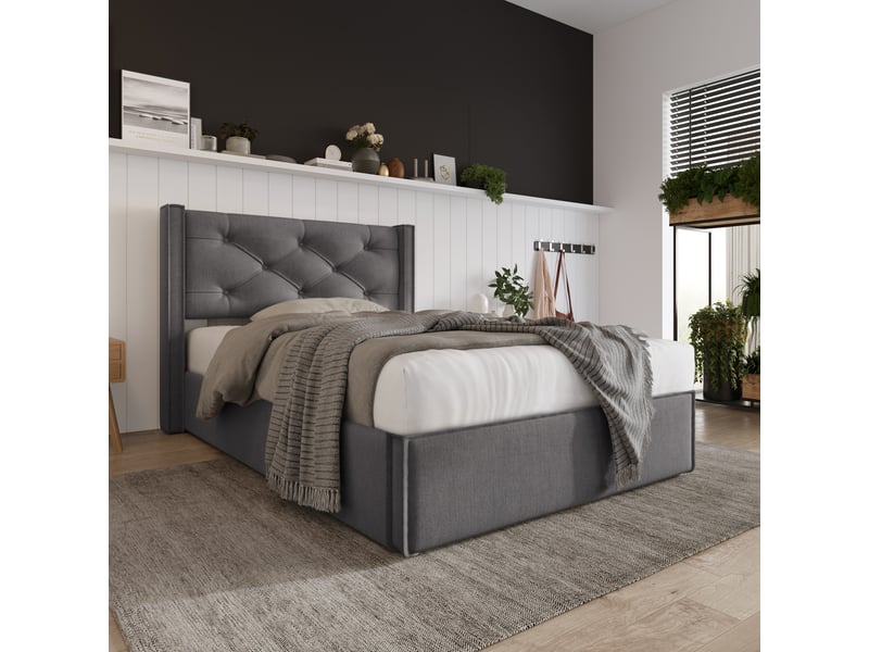  Lit coffre 90 x 200 cm, lit adulte avec rangement, rangement hydraulique, sommier à lattes inclus, tête de lit, coton, gris Morn Vibe - Conforama B