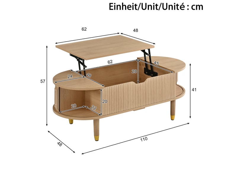 Table basse ovale 110x48x57 cm, plateau relevable, porte coulissante, rangement, mdf pieds bois d’hévéa, naturel  - Conforama C