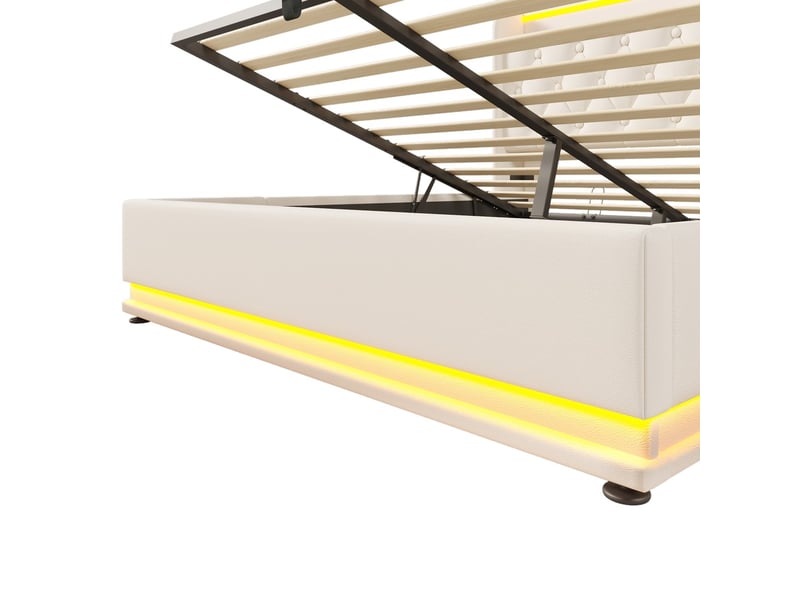Lit coffre 160x200 cm en pu blanc avec matelas, éclairage led 360°, ports usb-c et système hydraulique - Conforama D