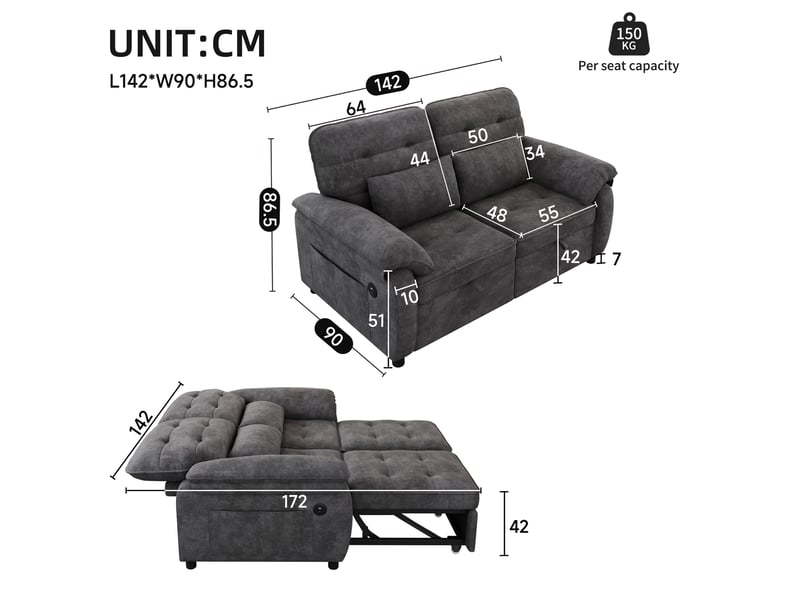  Canapé-lit 3-en-1 142x90x86,5 cm dossier réglable chenille gris  - Conforama E