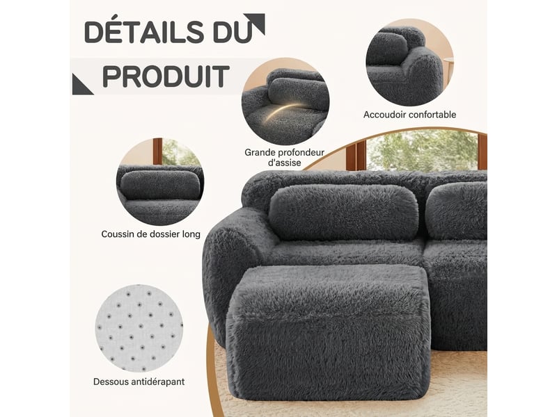  Canapé d'angle 4 places modulaire en l avec méridienne 378 x 179 cm sans montage gris  - Conforama R