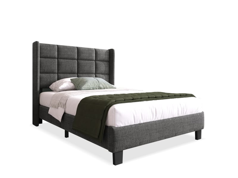  Lit simple rembourré 90x200 cm en lin gris avec tête de lit haute, sommier à lattes en bois et cadre en acier.  - Conforama A
