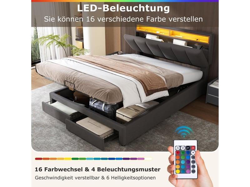  Lit 2 personnes rembourré 140x190 cm avec lumières led - 2 tiroirs - rangement de chevet - cadre de lit coffre hydraulique - lit double  avec sommier à lattes et tête de lit capitonné - 2 places - simple - lin gris - sans matela…  - Conforama B