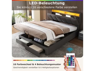 Lit 2 personnes rembourré 140x190 cm avec lumières led - 2 tiroirs - rangement de chevet - cadre de lit coffre hydraulique - lit double avec sommier à lattes et tête de lit capitonné - 2 places - simple - lin gris - sans matelas - chambre adulteado