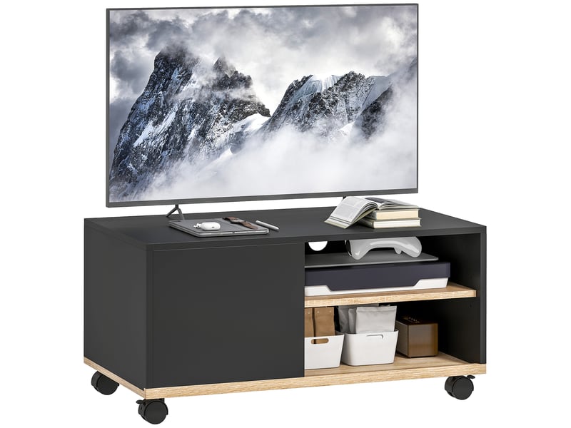 Meuble tv à roulettes avec porte et étagère réglable noir et coloris chêne  - Conforama A