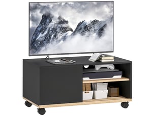 Meuble tv à roulettes avec porte et étagère réglable noir et coloris chêne